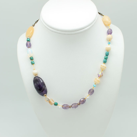 Yellow Jade, Turquoise, Amethyst, Mother of Pearl, Yellow Calcite Necklace #1673