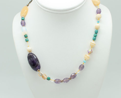 Yellow Jade, Turquoise, Amethyst, Mother of Pearl, Yellow Calcite Necklace #1673 zoom