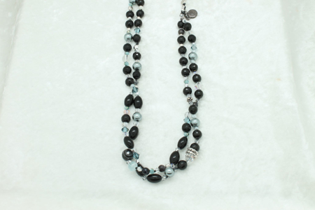 Double Black Lined Agate Gray Pearls Necklace #3314 zoom